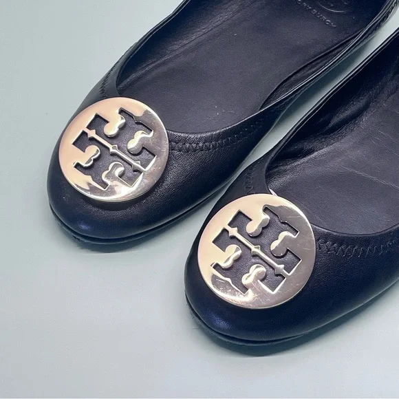 Tory Burch Black Flats with Gold Logo - Picture 2 of 9